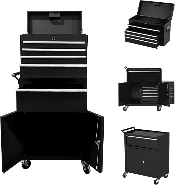5-Drawer Rolling Tool Chest, 2-in-1 Detachable Top Tool Cabinet with Removable High Capacity Storage, Sliding Drawers, Wheels, Locking System & Liners for Workshop, Mechanics, Garage and Warehouse Use