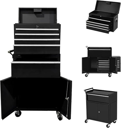 5-Drawer Rolling Tool Chest, 2-in-1 Detachable Top Tool Cabinet with Removable High Capacity Storage, Sliding Drawers, Wheels, Locking System & Liners for Workshop, Mechanics, Garage and Warehouse Use