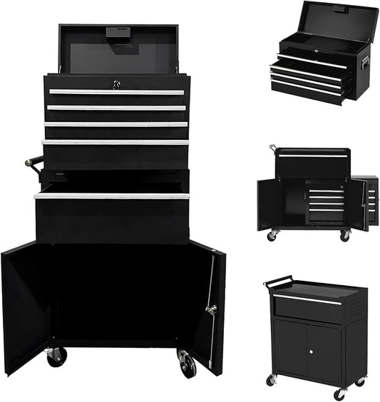 5-Drawer Rolling Tool Chest, 2-in-1 Detachable Top Tool Cabinet with Removable High Capacity Storage, Sliding Drawers, Wheels, Locking System & Liners for Workshop, Mechanics, Garage and Warehouse Use