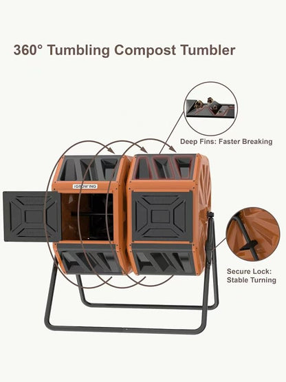 THE Growing 53 Gallon Large Outdoor Compost Bin Tumbler Barrel, Orange | Heavy duty dual 26.5gal sections for bulk yard waste. Reinforced frame adds stability. Easy bolt assembly without washers.