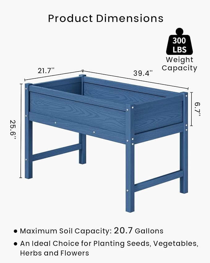 Weatherproof Raised Garden Bed, HDPE Outdoor Elevated Planter Box with Legs, Garden Box, Flower Beds for Patio, Deck, Balcony (Navy Blue)