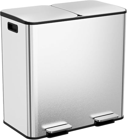 2 x 40L (2 x 10.6 Gallon) Dual Compartment Trash Can, Stainless Steel Kitchen Step Garbage Bin with Soft-Close Lid, Fingerprint-Resistant, Removable Inner Buckets for Waste Sorting,Home,Office