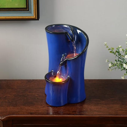 Indoor Water Fountain Imitation Ceramics Appearance Tabletop Relaxation Desktop Waterfall w/ 3 Reflective led, 9.8 Inch Tall (Blue)