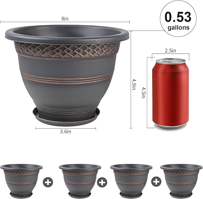 Usocik 8 Inch Plaid Plant Pots 6 Pack with Drainage and Saucers Copper | Copper plaid PP pots with drainage holes and saucers for herbs succulents starter plants shelves windowsills