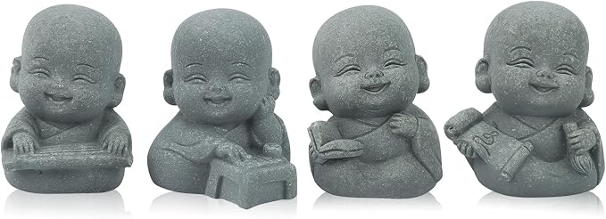 4pcs Mini Laughing Buddha Statues Monk Sandstone Sculptures Cute Baby Buddha Figurine Set Wealth Good Luck Decor Zen Spiritual Ornaments for Home Aquarium Office Garden - Style B