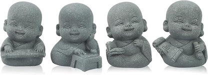 4pcs Mini Laughing Buddha Statues Monk Sandstone Sculptures Cute Baby Buddha Figurine Set Wealth Good Luck Decor Zen Spiritual Ornaments for Home Aquarium Office Garden - Style B