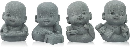 4pcs Mini Laughing Buddha Statues Monk Sandstone Sculptures Cute Baby Buddha Figurine Set Wealth Good Luck Decor Zen Spiritual Ornaments for Home Aquarium Office Garden - Style B