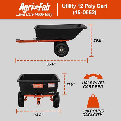 Agri-Fab Tow Behind Poly Dump Swivel Cart for Lawn Tractors and Mowers, 700 lb Capacity, 12 Cu Ft Utility Trailer