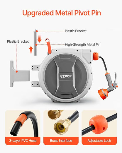 VEVOR Retractable Garden Hose Reel, 1/2 Inch x 65 ft Wall Mounted, Heavy Duty Garden Hose Reel with 9 Patterns Nozzle, Any Length Lock, Upgraded Slow Return System and 180°Swivel Bracket