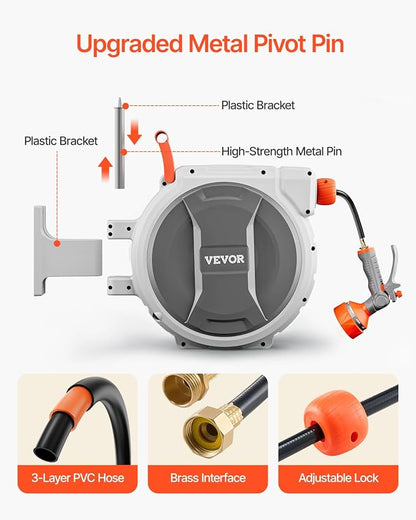 VEVOR Retractable Garden Hose Reel, 1/2 Inch x 84 ft Wall Mounted Heavy Duty Garden Hose Reel with 9 Patterns Nozzle, Any Length Lock, Upgraded Slow Return System and 180°Swivel Bracket | Heavy Duty Garden Tool with 9 Patterns Nozzle, Any Length Lock, ...