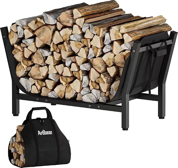 28 Inch Firewood Rack with 900D Canvas Log Carrier Bag, Outdoor Indoor Log Holder for Fireplace, Heavy Duty Fire Wood Log Stand, Wood Pile Stacker Storage Organizer Tool for Patio Deck, Black
