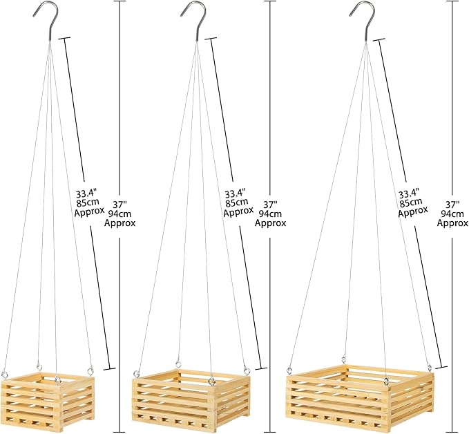 Wooden Orchid Baskets with Hangers for Ferns & Vandas, 6", 8" & 10" Square Wood Hanging Planter Set for Patio, Balcony Decor, Garden Flower Pots for Indoor Outdoor Plants, 3 Pack