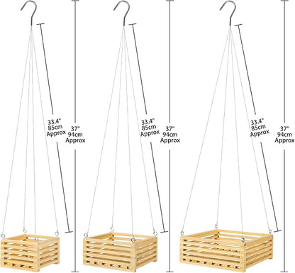 Wooden Orchid Baskets with Hangers for Ferns & Vandas, 6", 8" & 10" Square Wood Hanging Planter Set for Patio, Balcony Decor, Garden Flower Pots for Indoor Outdoor Plants, 3 Pack