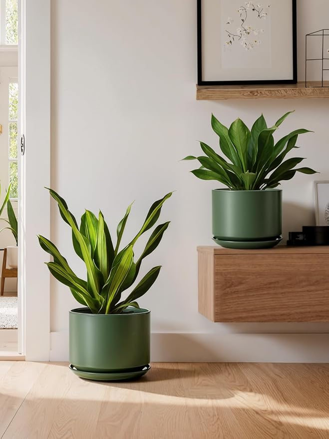 LE TAUCI Ceramic Plant Pots, Set of 2, 8+10 Inch Plant Pots Indoor with Drainage Hole & Saucer, Sturdy Planters for Indoor Plants, Modern Minimalist Decor for Snake Plant, Monstera, Green