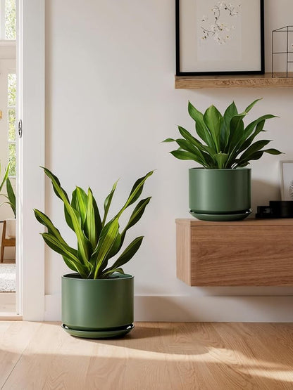 LE TAUCI Ceramic Plant Pots, Set of 2, 8+10 Inch Plant Pots Indoor with Drainage Hole & Saucer, Sturdy Planters for Indoor Plants, Modern Minimalist Decor for Snake Plant, Monstera, Green
