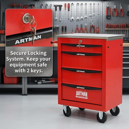4-Drawer Rolling Tool Chest, Lockable Stainless Worktop for Garage, Red | Heavy Duty Metal Tool Cabinet with Drawers on Wheels for Warehouse and Workshop Storage