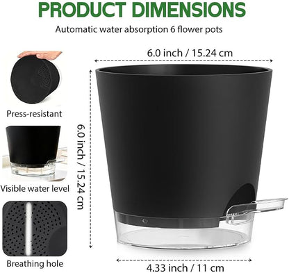 Self Watering Pots for Plants, 2026 New Flower Plant Pots with Drainage Holes, Wicking and Clear Reservoirs for Succulent, Aloe, Cacti and Others - 6 Pack (Black, 6")