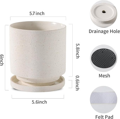 Nihow Ceramic Plant Pot Drainage Hole & Saucer for Indoor Plants, 5.7 Inch | White, Cylinder Planters, Art Modem Design, Home Garden Patio Office