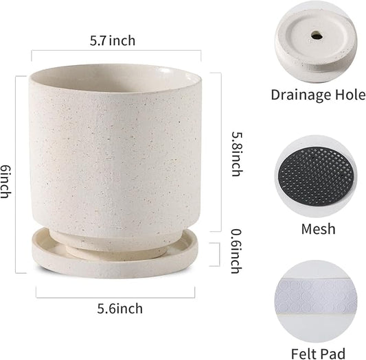 Nihow Ceramic Plant Pot Drainage Hole & Saucer for Indoor Plants, 5.7 Inch | White, Cylinder Planters, Art Modem Design, Home Garden Patio Office