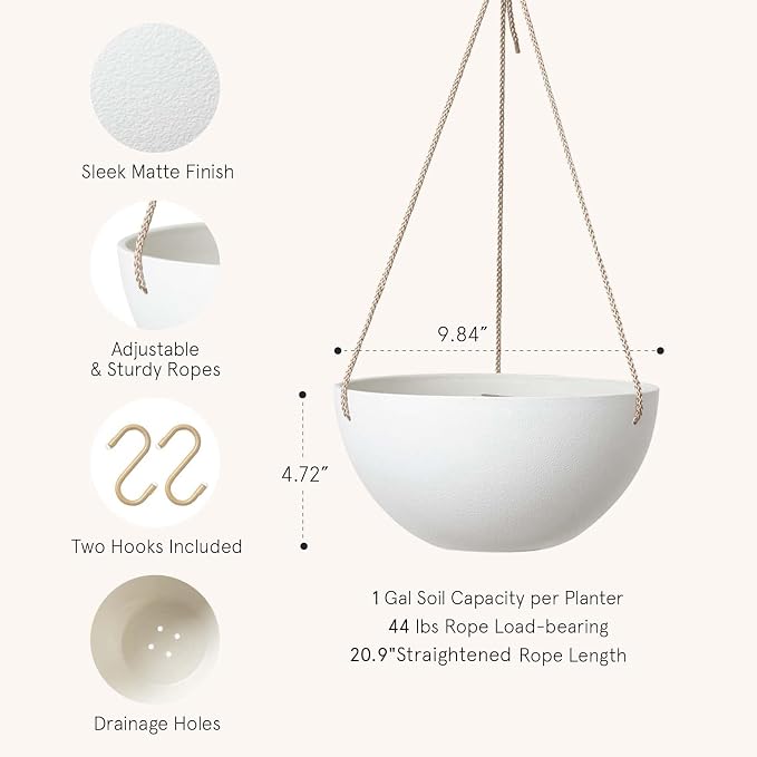 LA Jolie Muse Hanging Planter - 9.84 Inch Hanging Planters for Indoor Plants, Hanging Pots for Plants Indoor Outdoor, Set of 2, White