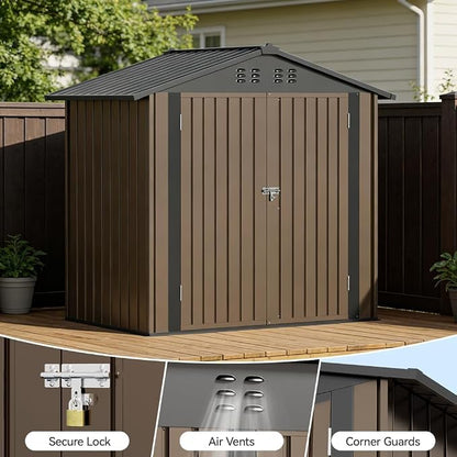 COMHOMA 6'x4' Shed Outdoor Storage Metal, Weatherproof Garden Utility Tool House with Lockable Doors & Adjustable Shelving, Ventilated Backyard Workshop,Brown