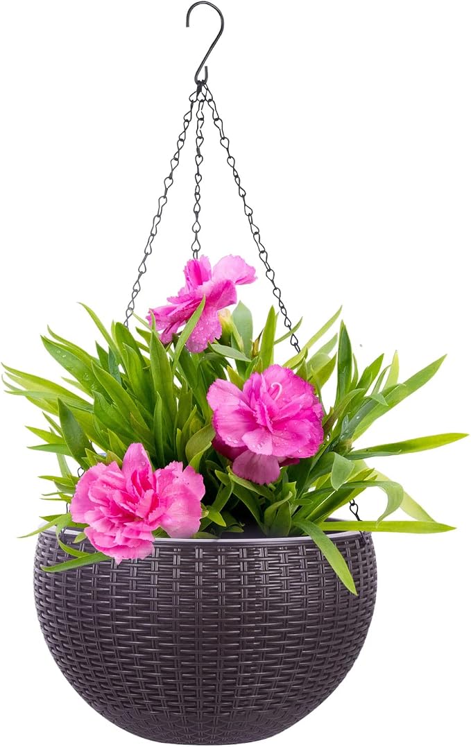 Vencer 11 Inch Round Resin Rattan Hanging Planters,Coffee,VF-A15-C | Self Watering,Drain Hole,Metal Chain,Water Indicator,Indoor Outdoor