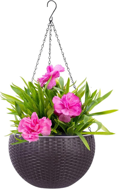 Vencer 11 Inch Round Resin Rattan Hanging Planters,Coffee,VF-A15-C | Self Watering,Drain Hole,Metal Chain,Water Indicator,Indoor Outdoor