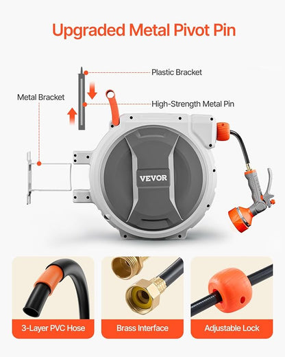 VEVOR Retractable Garden Hose Reel, 5/8 Inch x 100 ft Wall Mounted Hose Reel, Heavy Duty Garden Hose Reel with 9 Patterns Nozzle, Any Length Lock, Upgraded Slow Return System and 180°Swivel Bracket