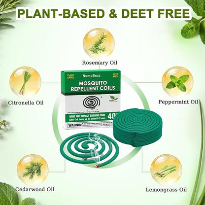 NomoBuzz Mosquito Repellent Coils for Outdoor Patio, 40 Count with 6 Metal Stands, Citronella & Lemongrass Plant-Based Mosquito Coils, DEET-Free, Long Lasting 5–7 Hours