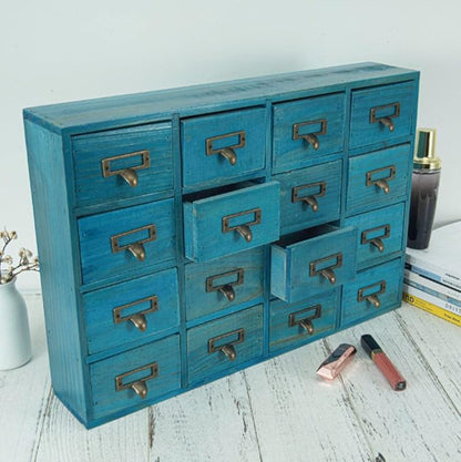 Apothecary Drawers Apothecary Cabinet with Drawers, Blue | 16 Drawer Library Card Catalog, Wooden Storage Box, Wooden Desktop Organizer with Metal Handles-Fulled Assembled