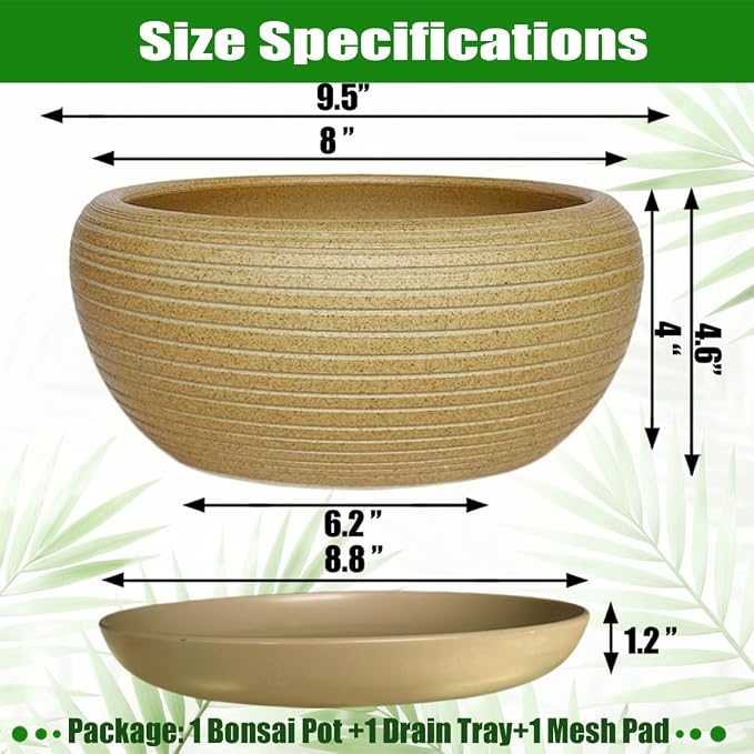 MUZHI 9.5” Round Large Ceramic Bonsai Bowl Planter，Clay Succulent Plant Pot Container with Saucer (9.5”)