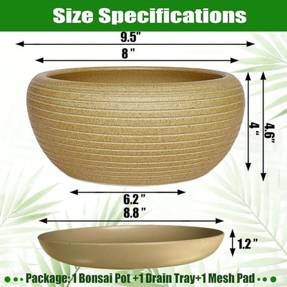 MUZHI 9.5” Round Large Ceramic Bonsai Bowl Planter，Clay Succulent Plant Pot Container with Saucer (9.5”)