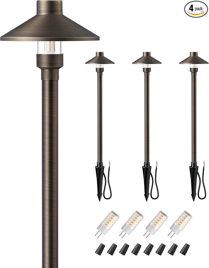 EDISHINE Solid Brass Low Voltage Pathway Lights Wired, 22" Tall Outdoor Landscape Path Light Heavy Duty, G4 Bulb Included, 12V LED Landscape Lighting, Bronze Waterproof for Garden Yard Walkway, 4 Pack