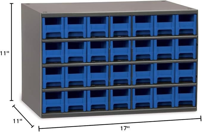 Akro-Mils Steel Garage Storage Cabinet, Small Parts Organizer Metal Cabinet for Hardware, Nails, Screws, Bolts, Nuts, and More, 17" W x 11" D x 11" H, 28-Drawer, Gray Cabinet/Blue Drawers (19228)