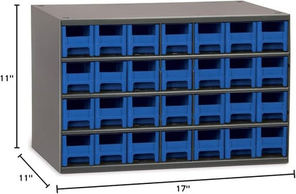 Akro-Mils Steel Garage Storage Cabinet, Small Parts Organizer Metal Cabinet for Hardware, Nails, Screws, Bolts, Nuts, and More, 17" W x 11" D x 11" H, 28-Drawer, Gray Cabinet/Blue Drawers (19228)