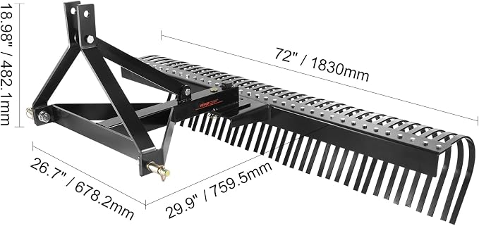 VEVOR Tow Behind Dethatcher, 72-inch 3-Point Tow Behind Lawn Dethatcher Rake with 36 Steel Tines for Tractor, Heavy Duty Landscape Rake with Attachments for Lawn, Garden, Farm, Grass, and Branches