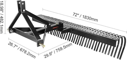 VEVOR Tow Behind Dethatcher, 72-inch 3-Point Tow Behind Lawn Dethatcher Rake with 36 Steel Tines for Tractor, Heavy Duty Landscape Rake with Attachments for Lawn, Garden, Farm, Grass, and Branches