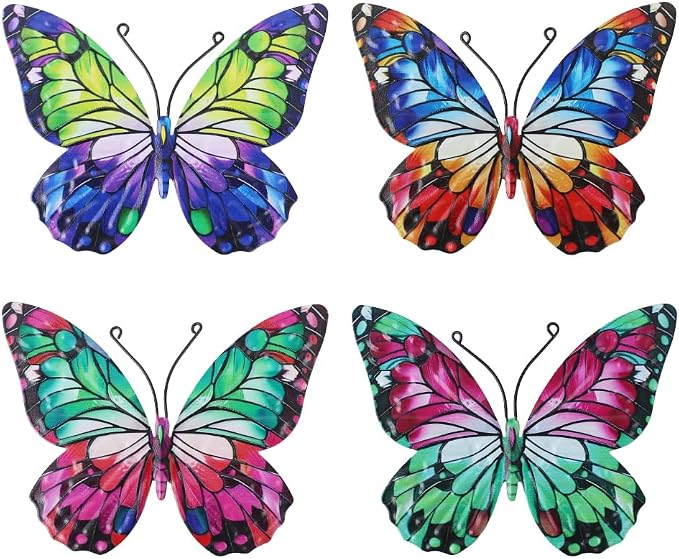 dreamskip 4 Pcs Metal Butterfly Wall Decor Art, Colorful Butterflies Outdoor Wall Art, Hand Craft Outdoor Garden Decor For Fence, Patio, Yard Decoration