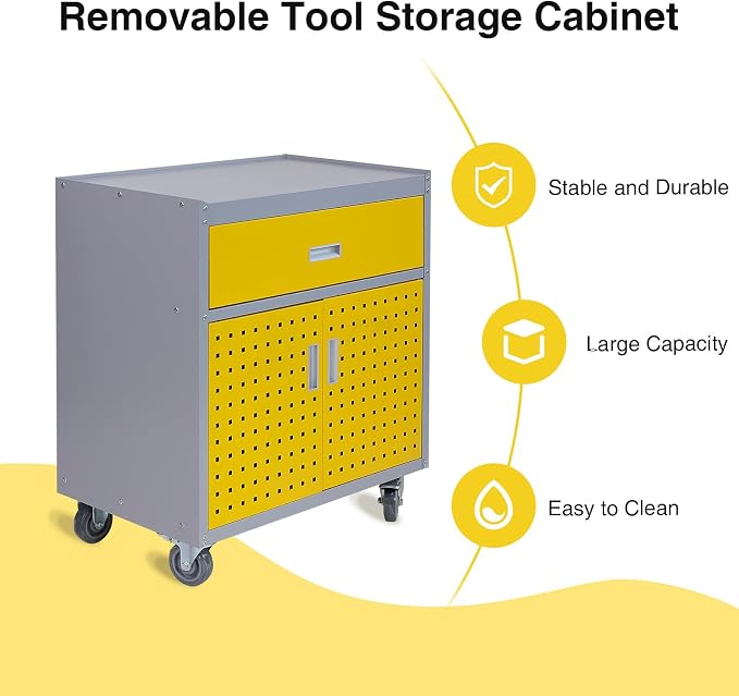 Metal Storage Cabinet with Wheels 30" x 18" x 34" Mobile Metal Garage Cabinet with 1 Drawer & 2 Doors Small Rolling Tool Storage Cabinet with 1 Adjustable Shelf & 4 Hanging Hooks, Yellow & Gray