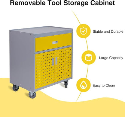 Metal Storage Cabinet with Wheels 30" x 18" x 34" Mobile Metal Garage Cabinet with 1 Drawer & 2 Doors Small Rolling Tool Storage Cabinet with 1 Adjustable Shelf & 4 Hanging Hooks, Yellow & Gray