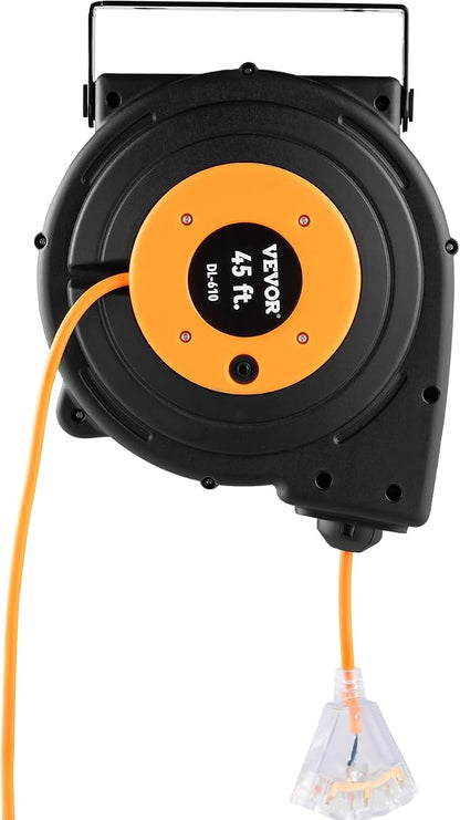 VEVOR Retractable Extension Cord Reel, 45 FT, Heavy Duty 12AWG/3C SJTOW Power Cord, with Lighted Triple Tap Outlet, 15 Amp Circuit Breaker, 180° Swivel Bracket for Ceiling or Wall Mount | Automatic Retractable with Lighted Triple Tap Outlet, 15 Amp Cir...