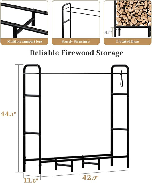 Firewood Rack 4FT Heavy Duty Metal, Outdoor Indoor Log Holder Stand for Fireplace Wood Storage, Wood Pile Stacker Organizer for Patio, Black