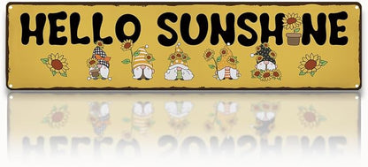 Garden Metal Tin Sign, Hello Sunshine Sign, Vintage Sunflower Farmhouse Wall Art, for Yard Fence Porch, Rustic Outdoor Garden Decoration, Gifts for Gnome Lovers, 15.7 x 3.9 Inches
