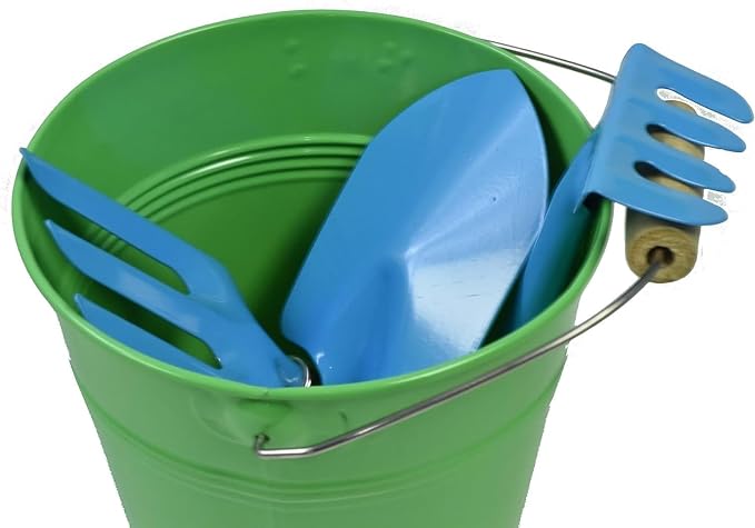 JustForKids Kids Garden Tool Set, 2 Pack STEM Educational Gardening Kit with Wooden-Handle Metal Pails, Plastic-Handle Shovel, Rake & Cultivator, Outdoor Toys & Gift for Toddlers Boys Girls Ages 3-8