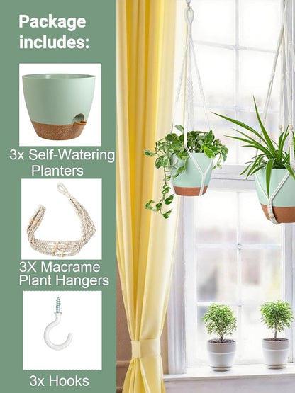 Bouqlife Self Watering Hanging Planters for Indoor Plants 3 Pack Macrame Plant Hangers with Drainage Holes Pots and Hooks for Home Garden Decor Green