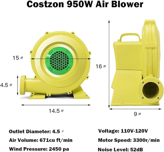 Costzon Air Blower, 1.25HP Blower for Bounce House, 950W Pump Fan Commercial Inflatable Bouncer Blower, Perfect for Inflatable Bounce House, Jumper, Bouncy Castle, Air Blower for Inflatables