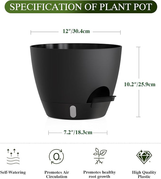 Plant Pots, 1 Pack 12 Inch Self Watering Pots with Drainage Holes, Water Level Indicator Deep Reservoir, Large Planters for Indoor Outdoor Plants - Black
