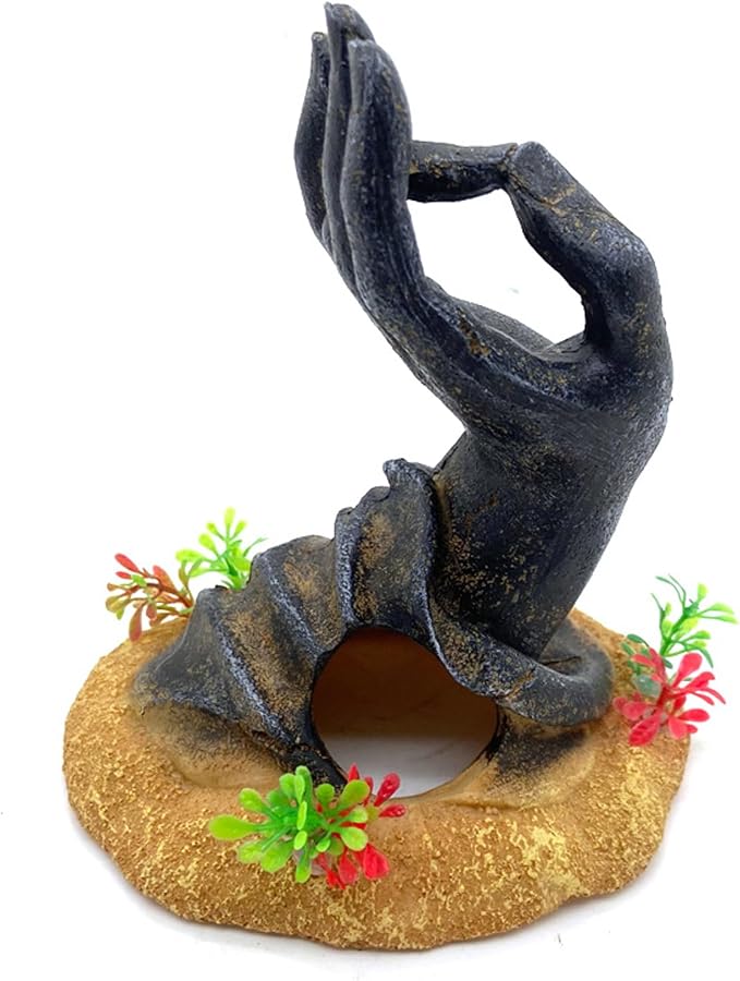 Fish Tank Decorations, Japanese Large Aquarium Decor Accessories with Buddha Hand, Bearded Dragon Hideout, Reptile & Amphibian Habitat Hideouts(Black Buddha Hand)