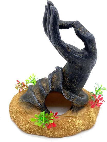 Fish Tank Decorations, Japanese Large Aquarium Decor Accessories with Buddha Hand, Bearded Dragon Hideout, Reptile & Amphibian Habitat Hideouts(Black Buddha Hand)