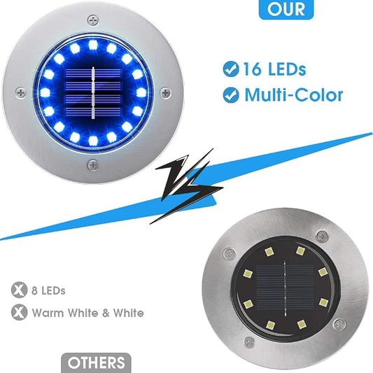 NFESOLAR Solar Ground Lights Outdoor with 16 LEDs Multi-Color for Outdoor | IP65 Waterproof, Stainless Steel Shell, Wire-Free, Easy to Use for Garden Yard Lawn Pathway Walkway- 8 Pack